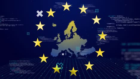 yellow stars spinning over data processing against eu map