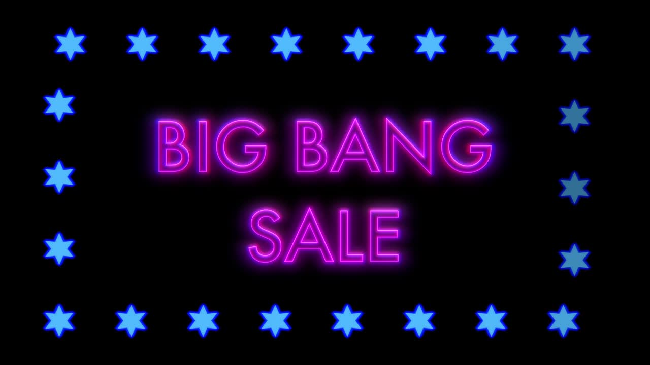 흑색 배경에 별이 형성 된 프레임에서 큰 폭발 판매 네온 보라색 빛. 판매 배너 박이는 네온 표지 스타일, 루프.