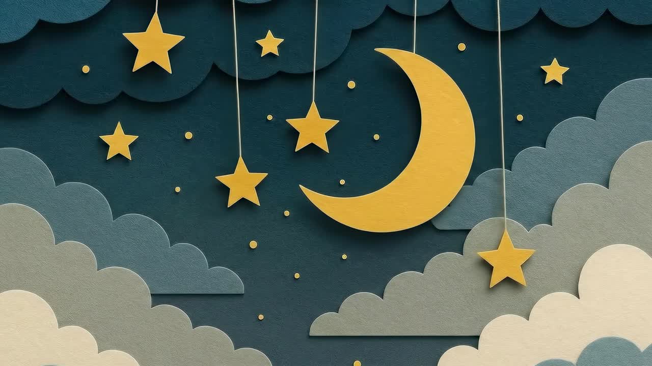 Whimsical night sky with paper stars and moon, captured from a top-down angle, ideal for video