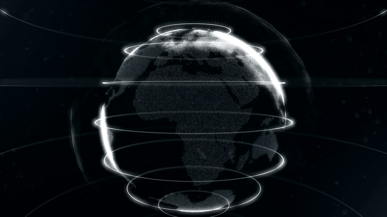 White abstract sphere. Connected white dots with lines. Globalization interface. Planet is situated on the centre. Close up. Cropped. 4K.