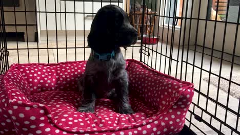 lindo cachorro spaniel en una cama roja en una caja de alambre está feliz de ver al dueño