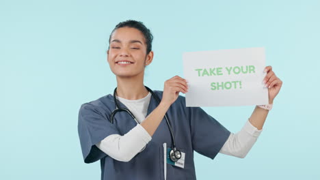 Nurse,-happy-face-and-vaccination-shot-sign