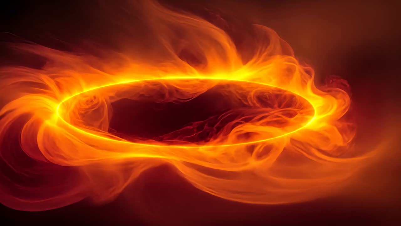 Emanating molten energy ring forming in dark void, with swirling fiery fluid tendrils intensifying