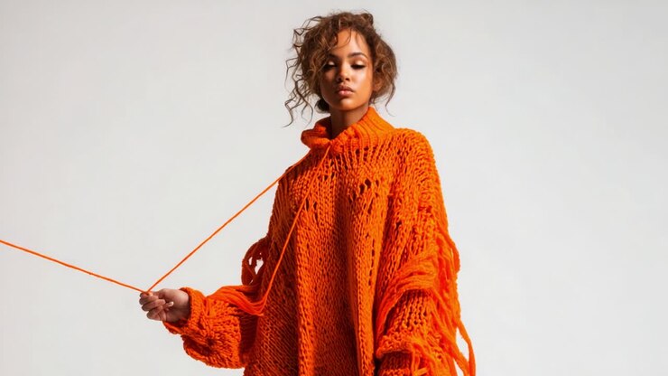 Straordinaria sfilata di moda con una modella che indossa un audace maglione arancione in maglia, che enfatizza texture uniche e uno styling dinamico con stravaganti dettagli di frange, evidenziando le tendenze contemporanee