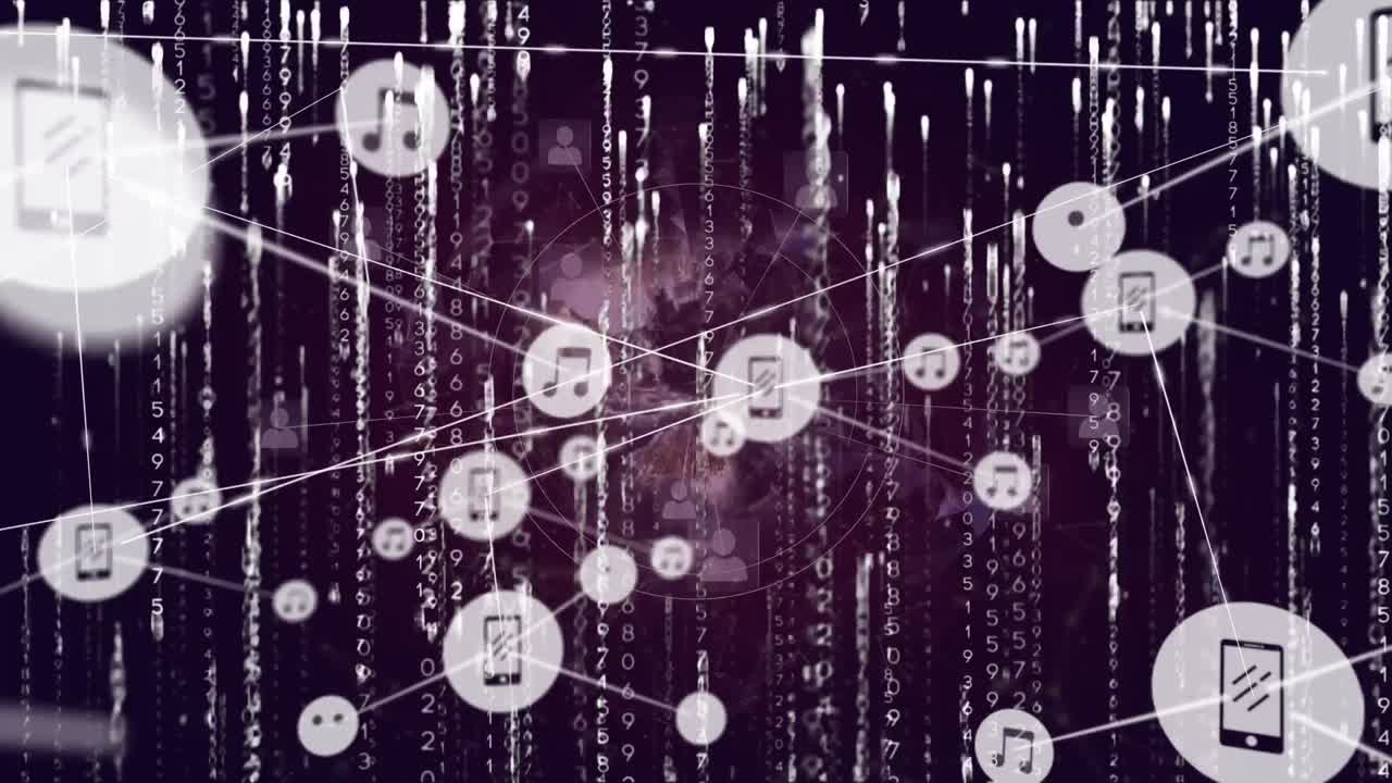 데이터 처리에 대한 아이콘과 검은색 배경에 있는 지구의 연결 네트워크의 애니메이션