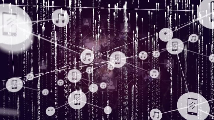 Animation of network of connections with icons over data processing and globe on black background