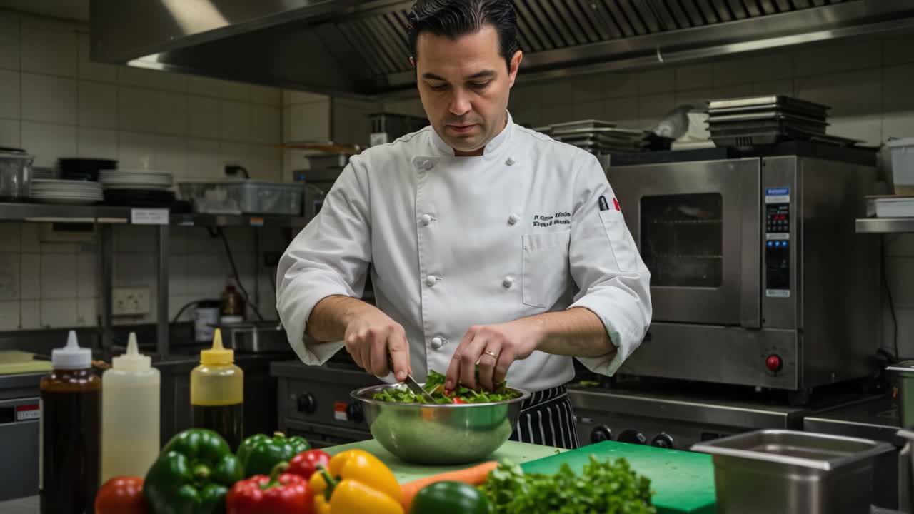 Professional Chef Skillfully Prepares a Fresh Salad in a Busy Kitchen, Showcasing Culinary Expertise and Fresh Ingredients for an Ample Meal