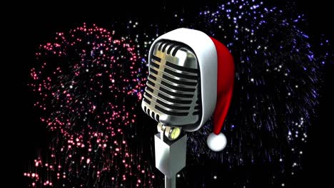 Digital-animation-of-santa-hat-on-microphone-against-fireworks-exploding-n-black-background