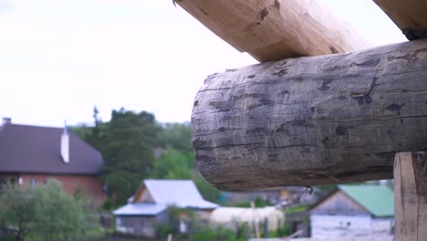 close-up view of log beams in a wooden house construction