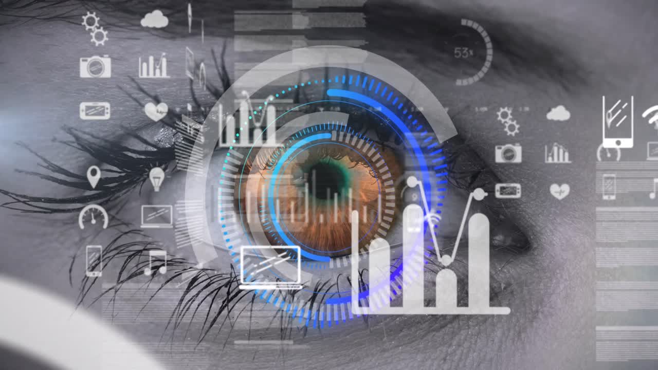 animación de iconos digitales y escaneo de alcance sobre el parpadeo