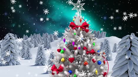 Digital-animation-of-snow-falling-over-christmas-tree-and-multiple-trees-on-winter-landscape