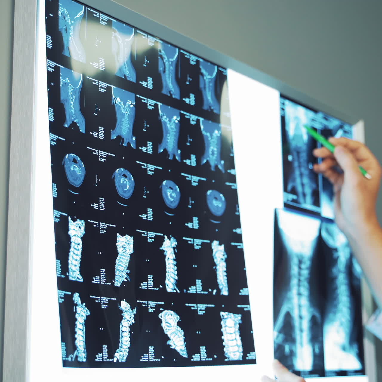 Doctor's hand with a pen shows the elements on the x-ray photograph. Spinal x-ray is hanging on a white board and the specialist explains the results indoors.