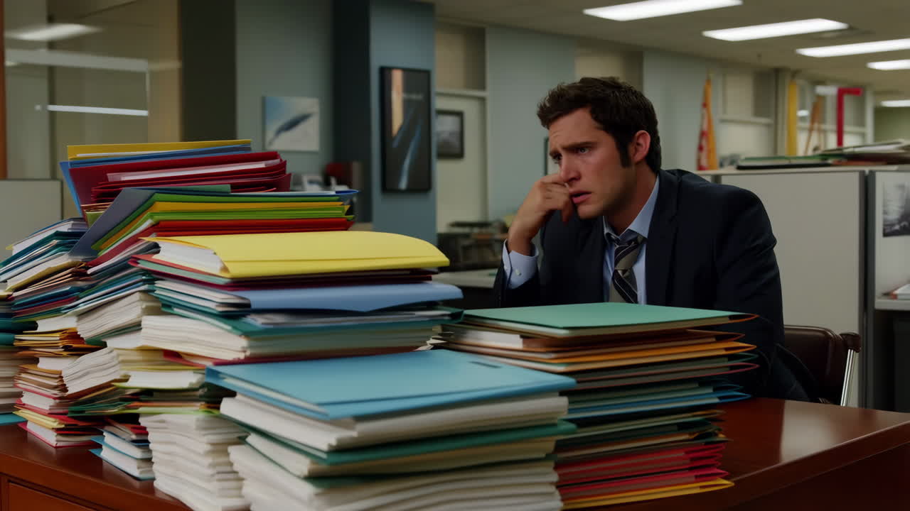 Man Overwhelmed by Stacks of Paperwork in an Office