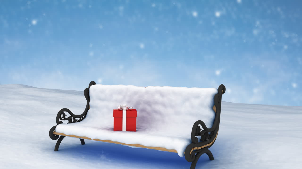 겨울 풍경 에서 눈 으로  ⁇ 인 벤치 에 크리스마스 에 떨어지는 눈 의 애니메이션