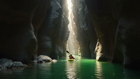 kayaker explores a sunlit canyon with emerald green water