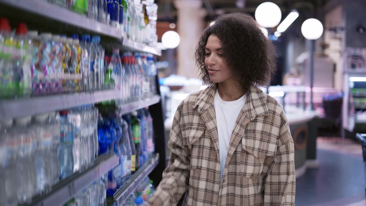 mujer negra haciendo compras de comestibles en el supermercado, buscando botellas de agua, cámara lenta