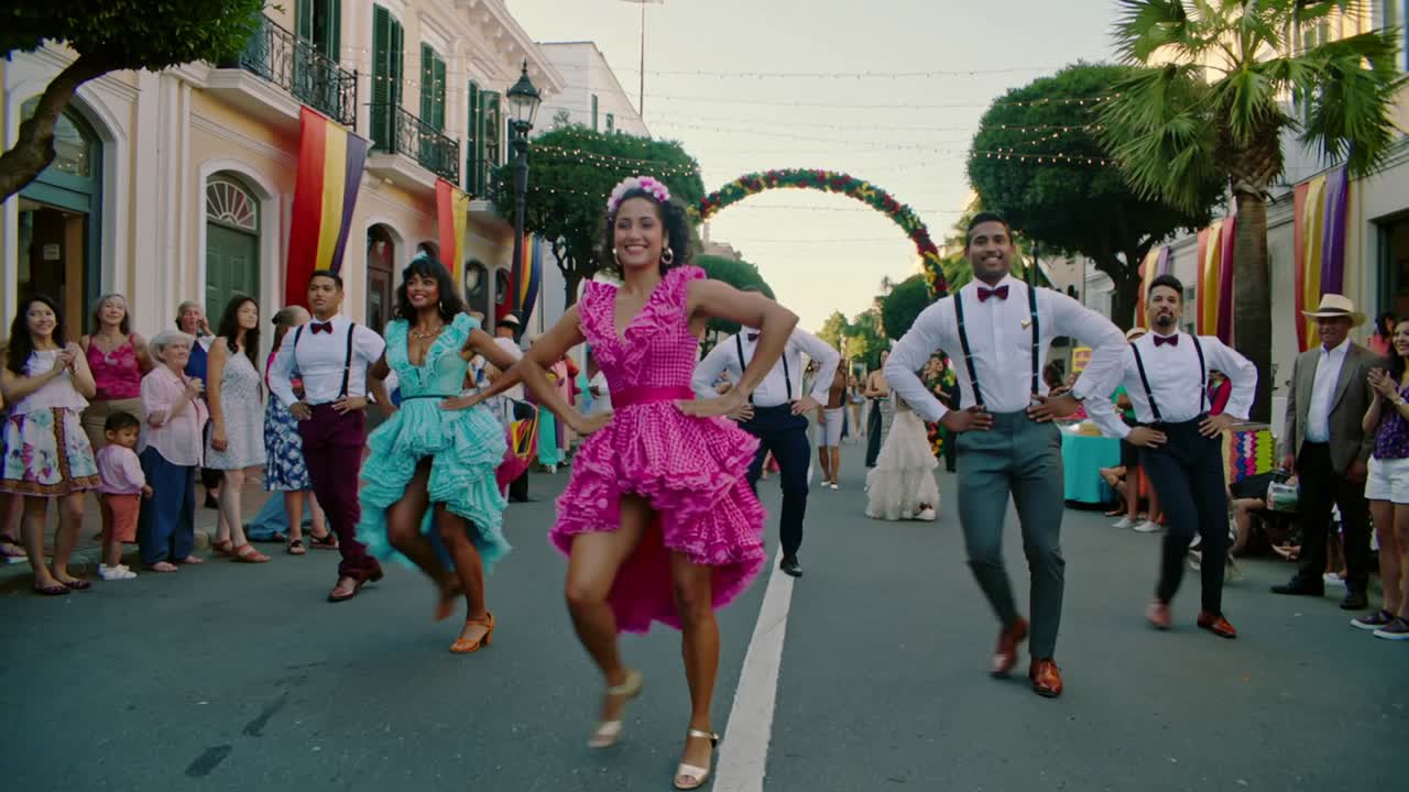 Following music cue dancers raising knees, swirling skirts on festival street under floral arch
