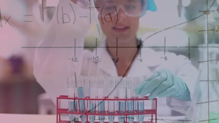 Animazione di equazioni matematiche su una scienziata femmina caucasica che lavora in laboratorio.