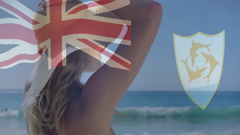 union jack and anguilla flag animation over woman enjoying beach