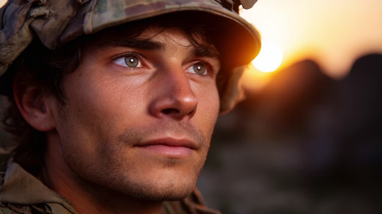A thoughtful soldier gazes into the horizon at sunset, embodying bravery and resilience amidst nature's beauty, capturing a moment of reflection and strength