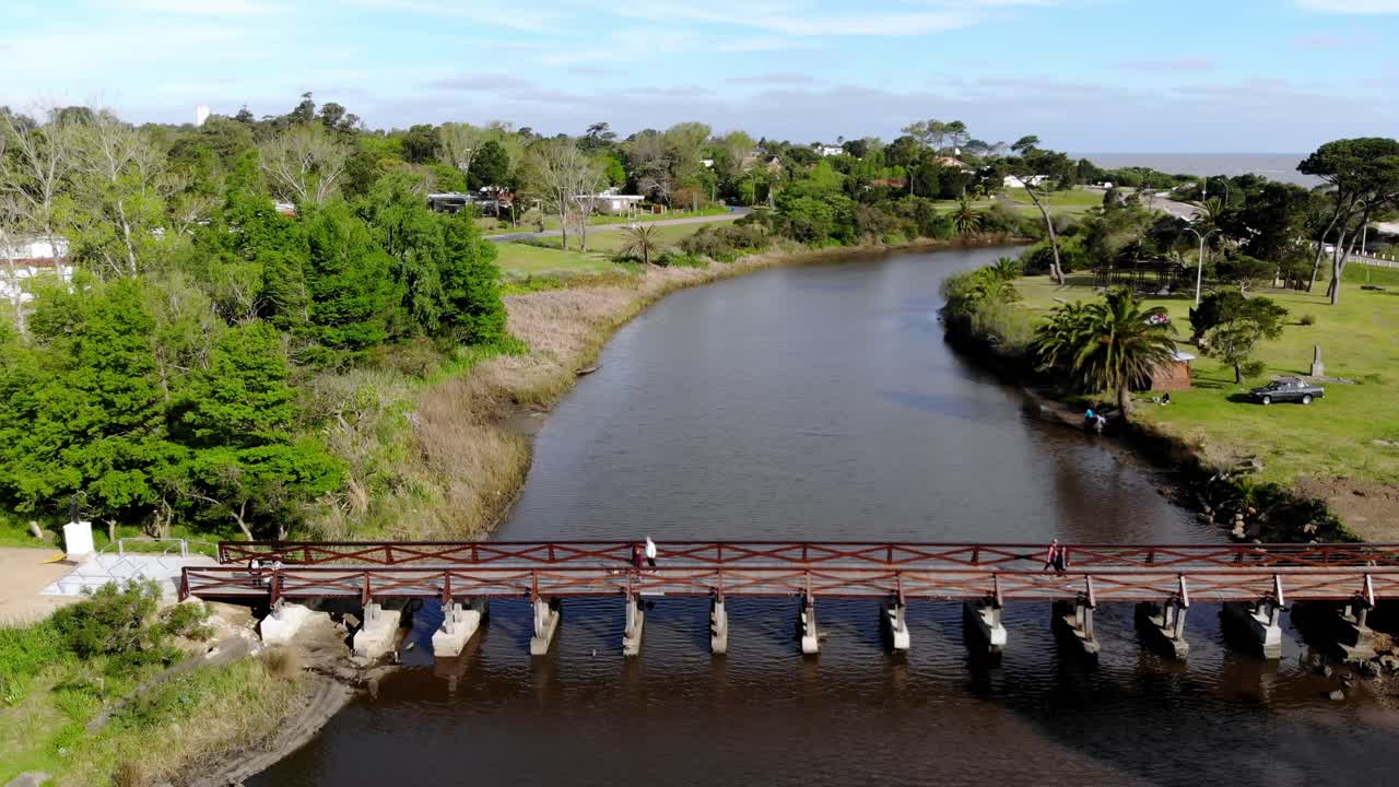 video aereo del rio, avanzando por la forestacion hasta llegar al puente en un dia soleado
