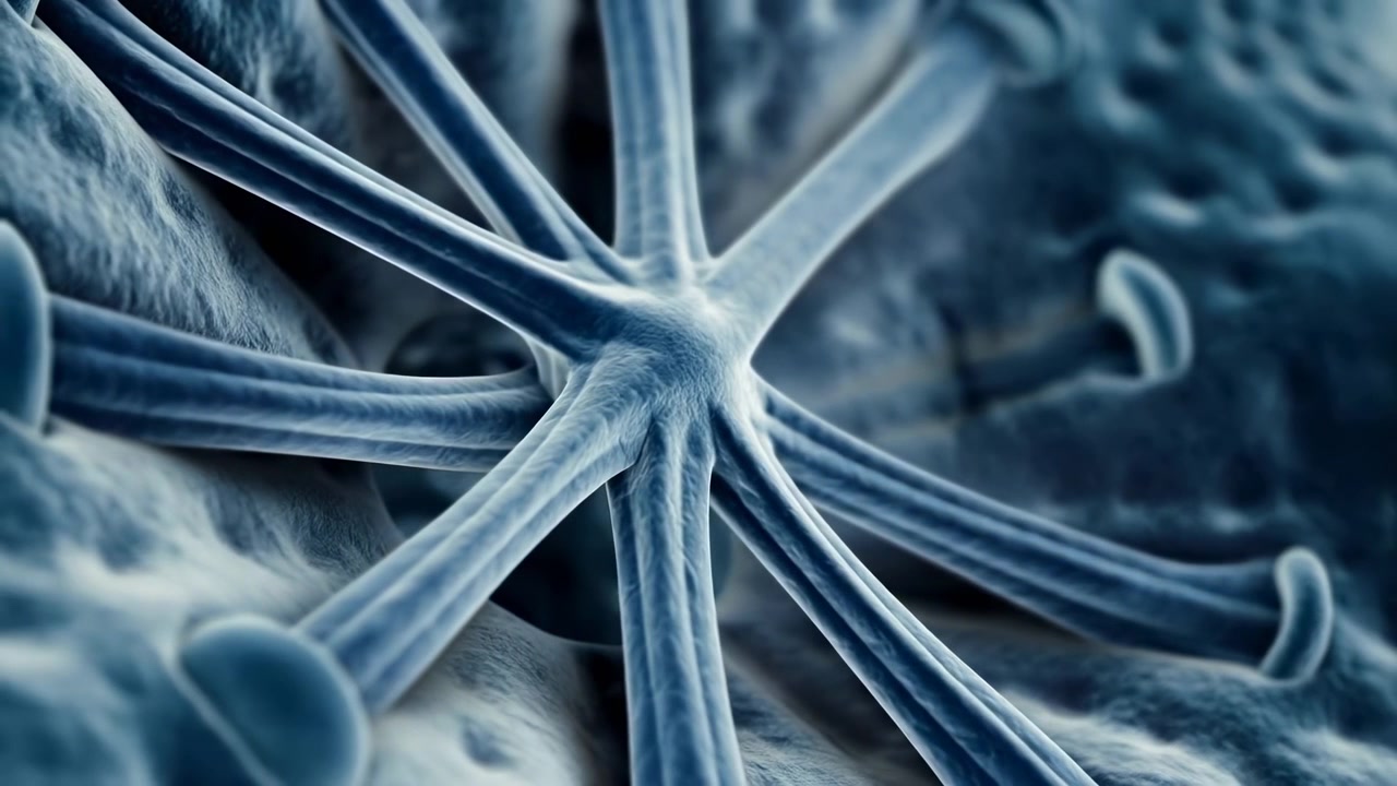 Rami tubolari azzurri si estendono da una forma centrale dalla texture morbida mentre filamenti curvi si muovono attraverso l'inquadratura, rivelando profondità a strati e punte arrotondate su una superficie organica scura.