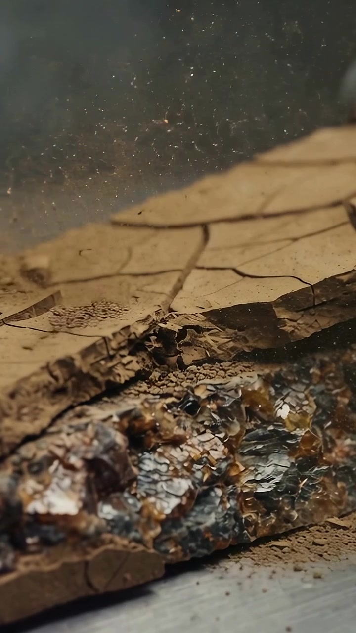 Video verticale: Lastra di argilla fragile che si spezza, lasciando cadere frammenti su una panca di metallo e rivelando una giuntura lucida.