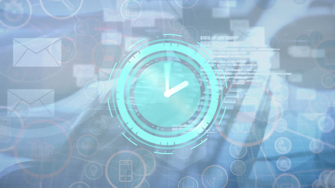 Animation of clock with turning hands over email icons and hands using computer
