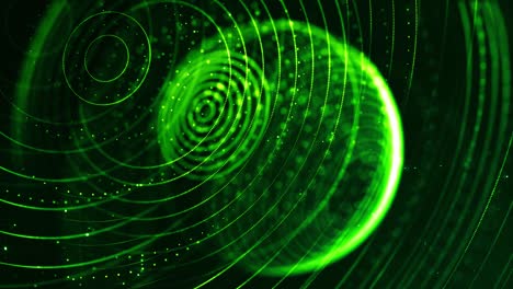 4k looped sci-fi fondo verde con bokeh y efectos de luz. partículas de color verde brillante forman líneas, superficies, estructuras esféricas de cuerda como espacio virtual o holograma para pantalla hud. 3
