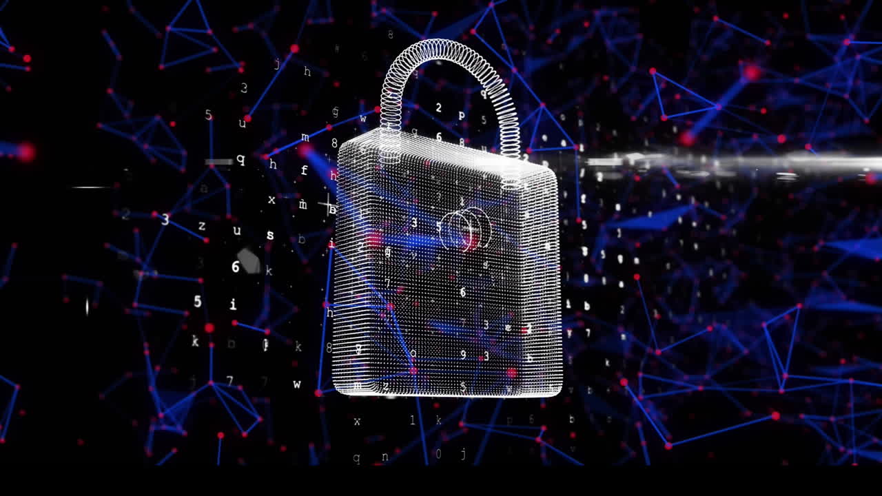 animación del procesamiento de datos y el candado de seguridad en línea sobre fondo negro