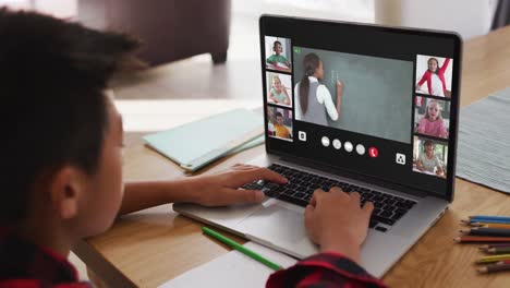 niño asiático teniendo una videoconferencia con el maestro y sus compañeros de clase en la computadora portátil en casa