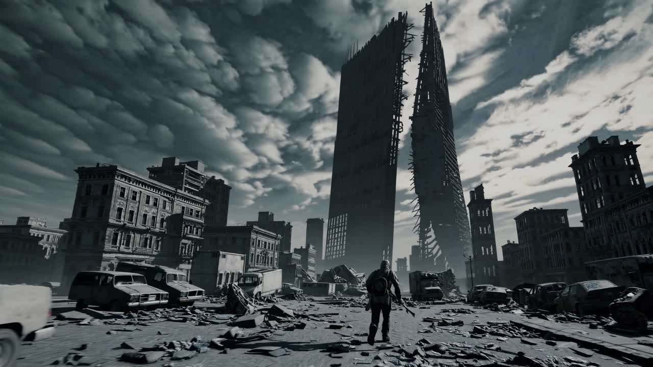 Post-apocalyptic video scene with a low-angle view of a lone figure walking through a desolate