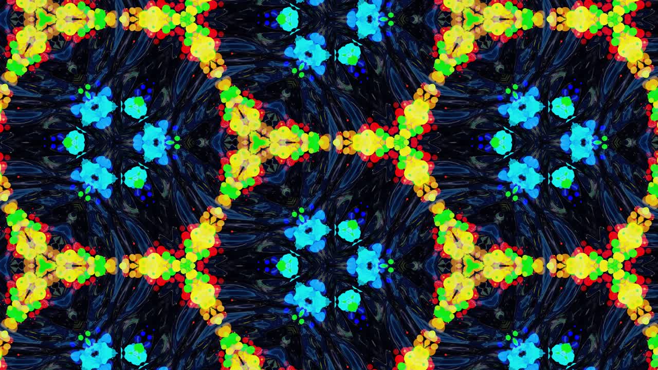 파동 모양의 반이는 액체 표면에서 발리도스코프 효과, 왜곡된 원이 기름에 있는 페인트 방울처럼 떠다니며, 4k에서 다채로운 그라디언트를 가진 창의적인 배경.