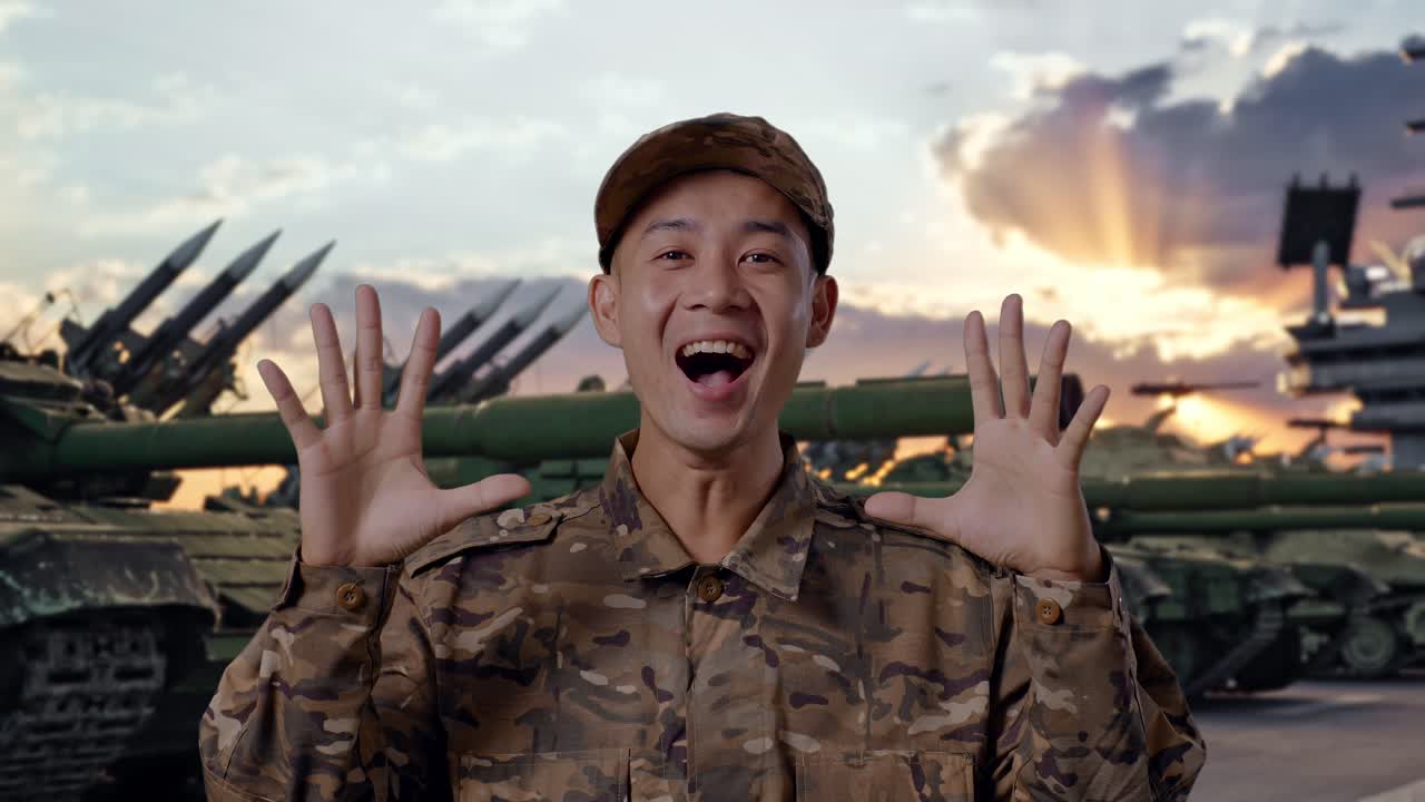 Close Up Seorang Tentara Pria Asia Tersenyum Dan Mengatakan Wow Sambil Berdiri Dengan Tank