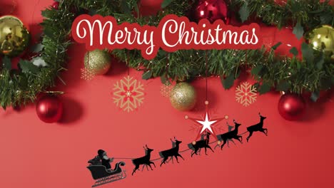 Animation-of-christmas-greetings-text-over-baubles-and-santa-claus-on-red-background