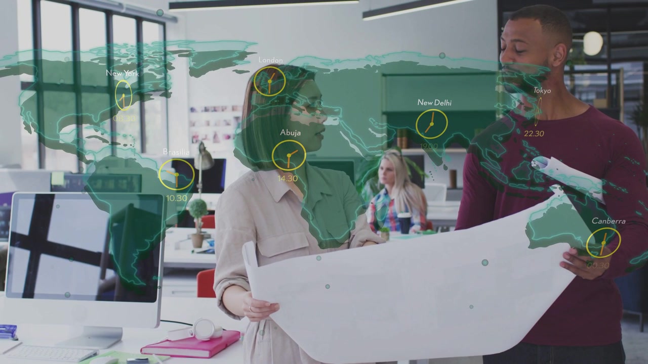Map overlay with clocks appearing woman holding plan and man pointing in design lab aligning timing