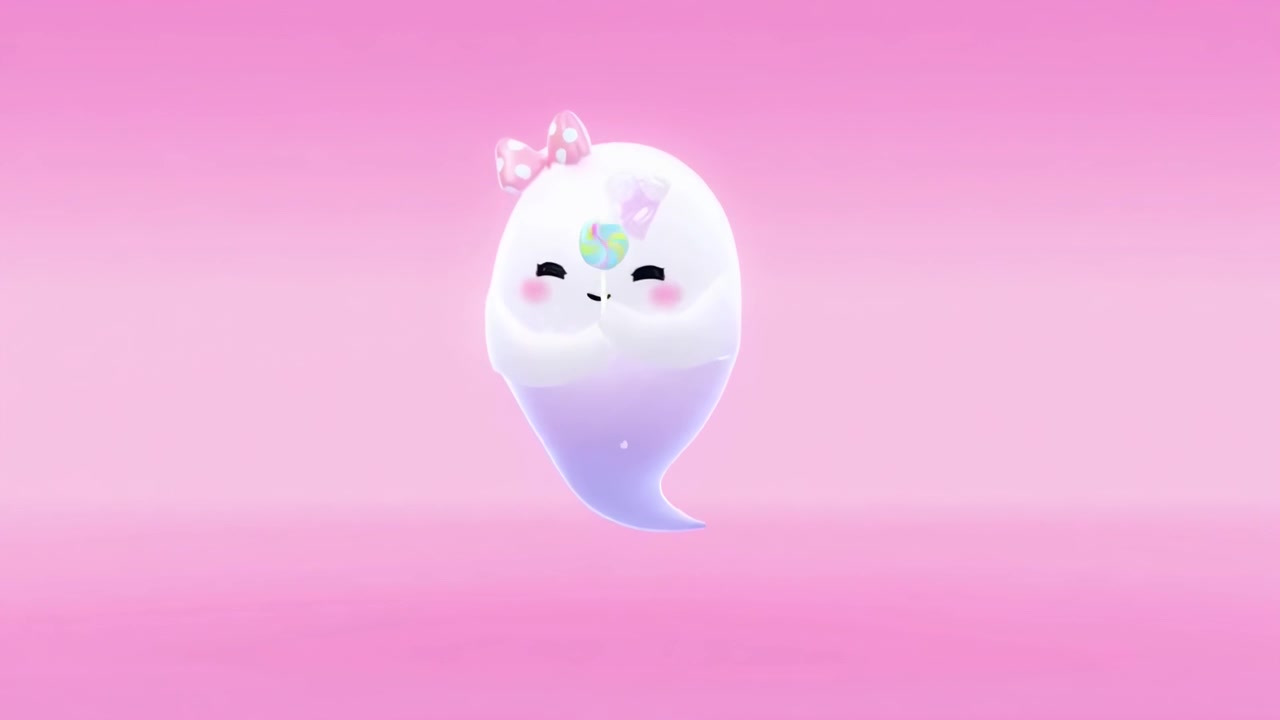 Adorabile fantasma animato con magia e lecca-lecca su sfondo rosa