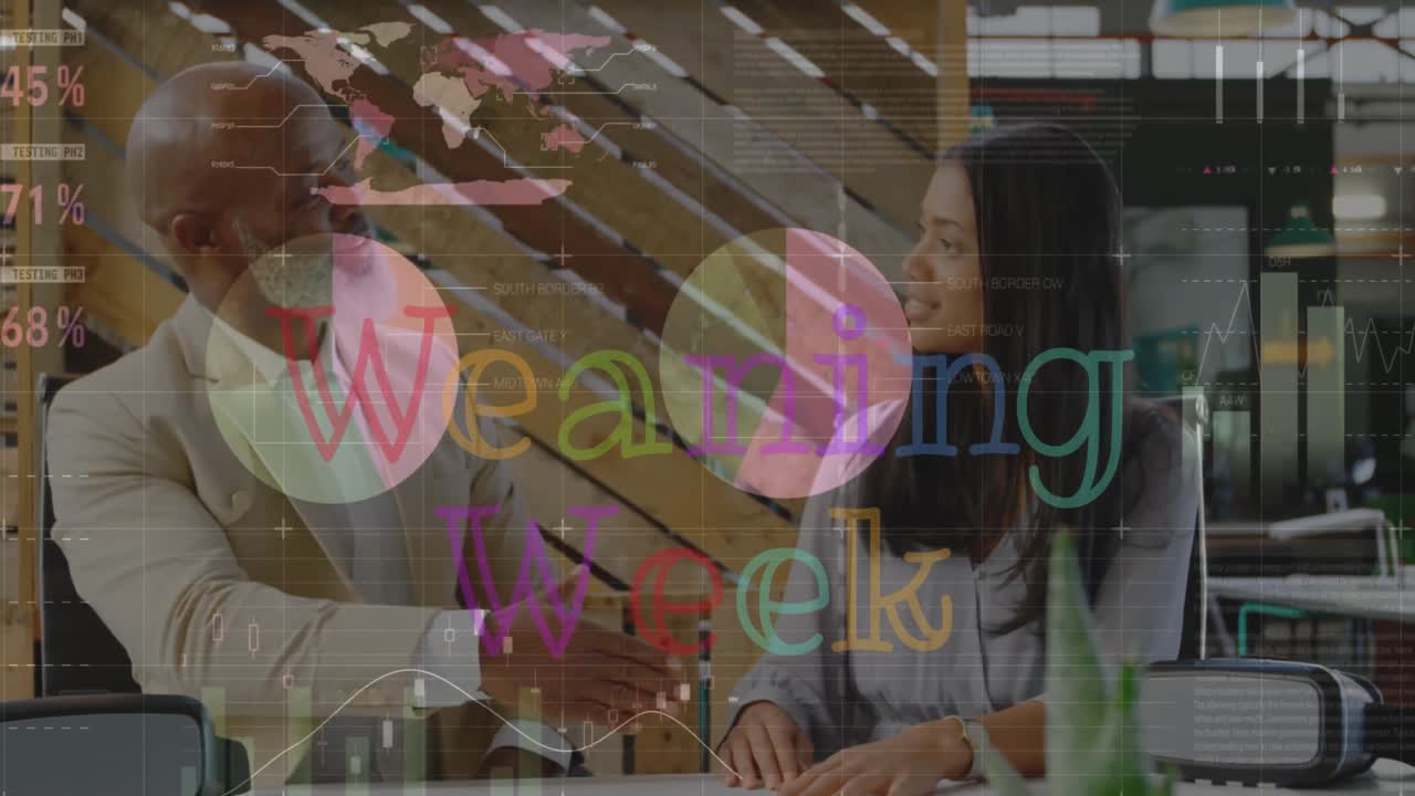 animación de la semana de destete texto y procesamiento de datos sobre hombre y mujer afroamericanos que se dan la mano