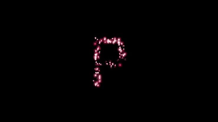 Particelle luminose e scintillanti che formano la lettera P su sfondo trasparente
