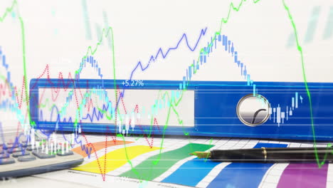 animation of financial data processing over desk with blue file