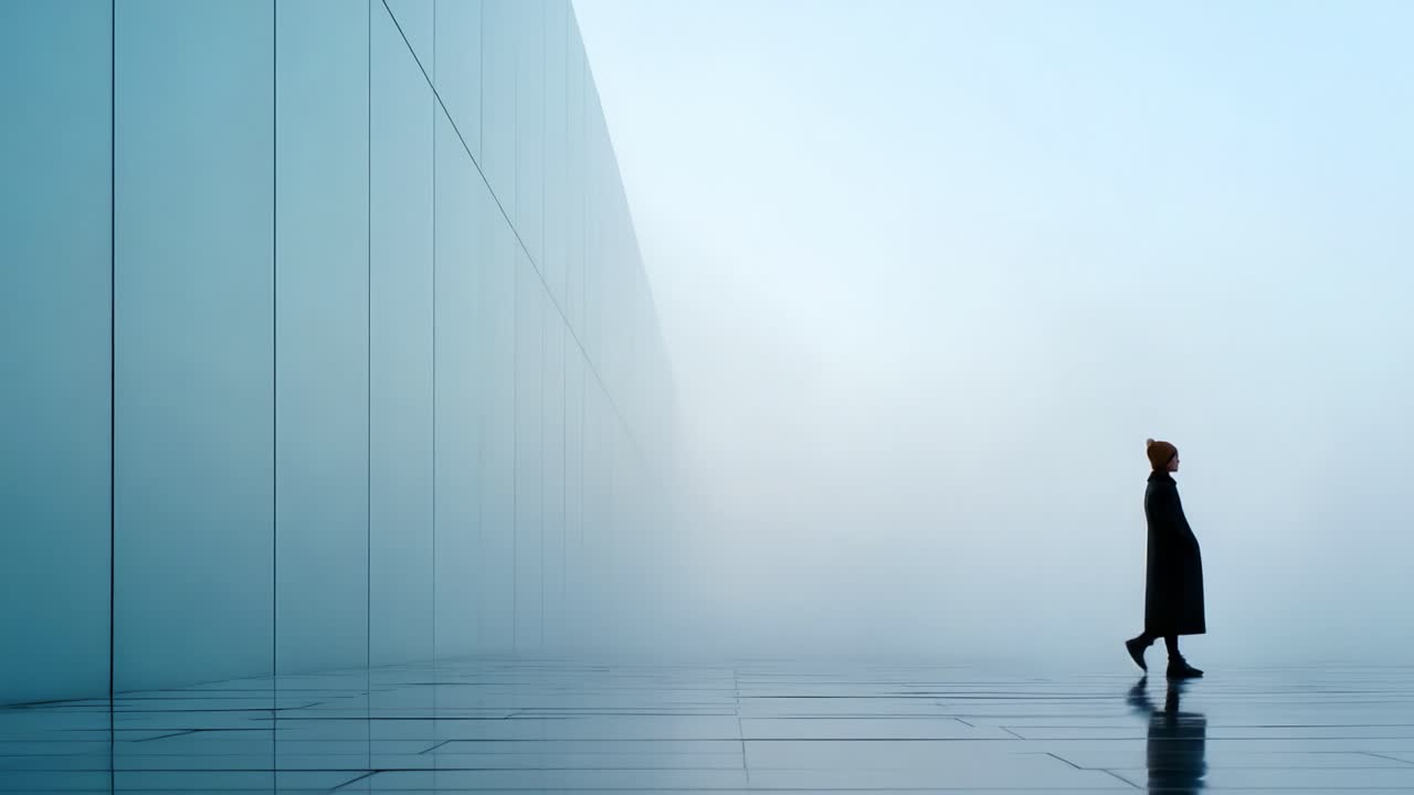 A solitary figure walks through a foggy, minimalist landscape, reflecting on the serene beauty of architecture and the interplay of light and shadows in this ethereal, dreamy environment