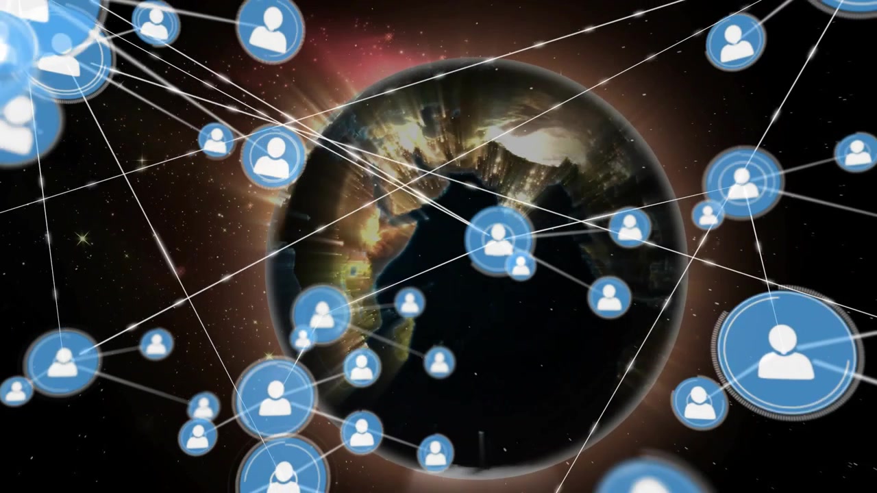 Um único ícone azul aparecendo perto de um globo, gerando nós e traçando linhas, construindo uma rede de tecnologia.