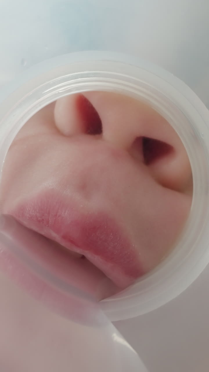 Preschooler girl tilts plastic bottle and starts drinking from neck. Child quenches thirst with clean water standing in kitchen at home macro low angle shot