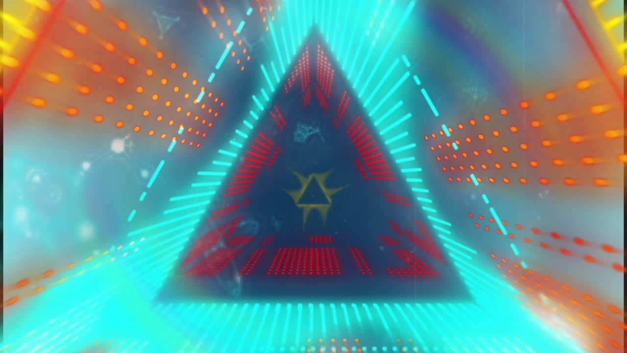 Glowing triangular shape with star animation over colorful light beams and dots