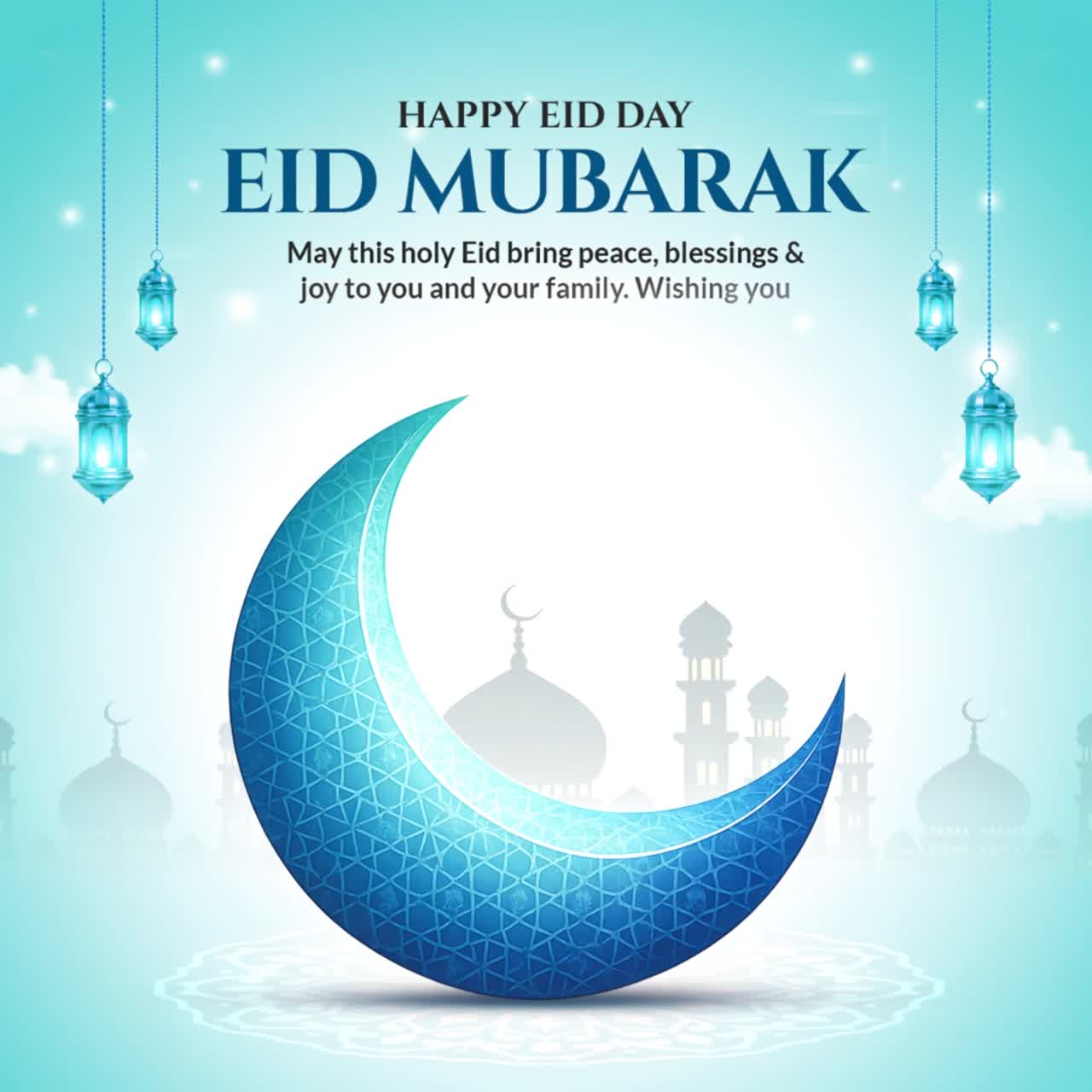 Animazione storia di auguri Eid Mubarak con cornice ad arco di lanterne a mezzaluna su sfondo sfumato blu scuro