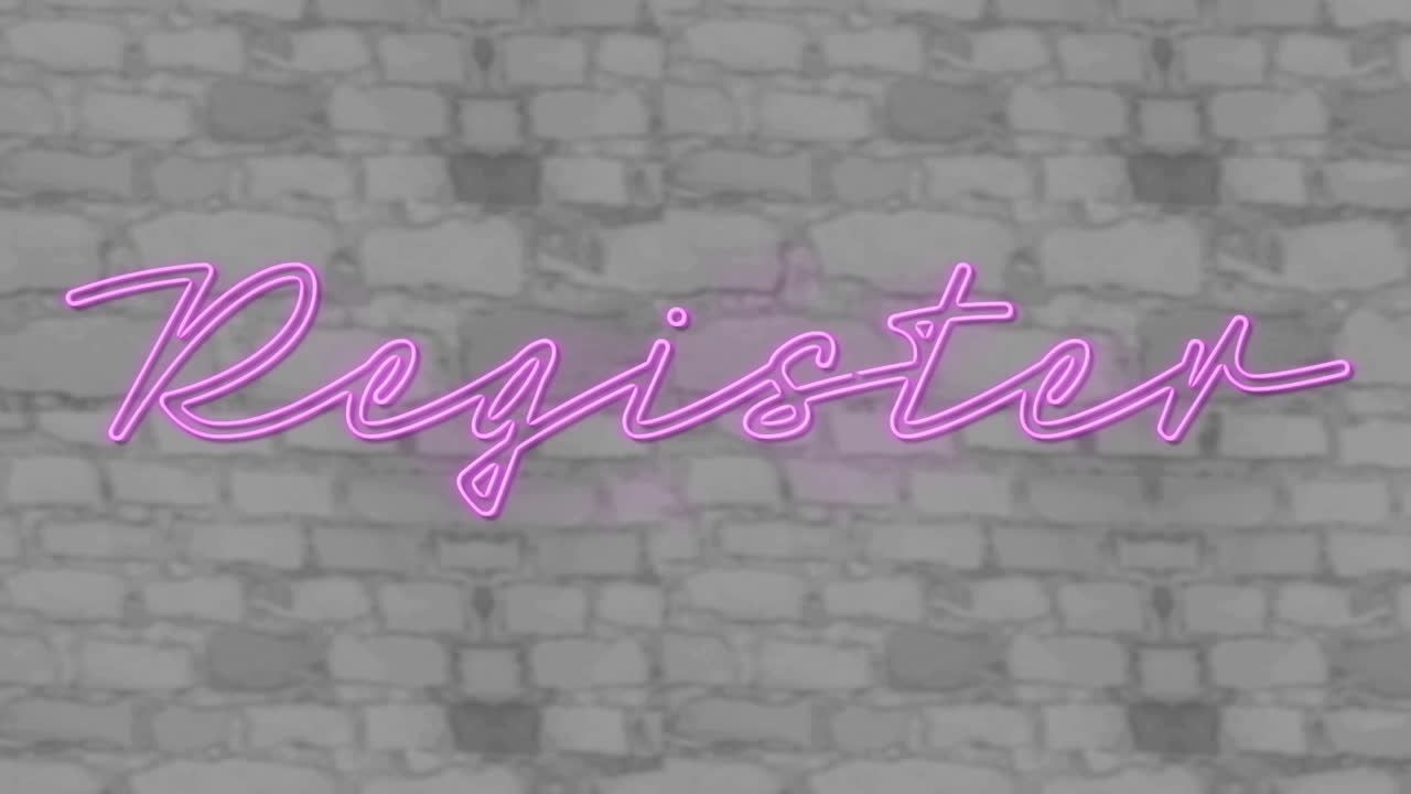 animación del texto de neón de registro sobre el fondo de la pared de ladrillo