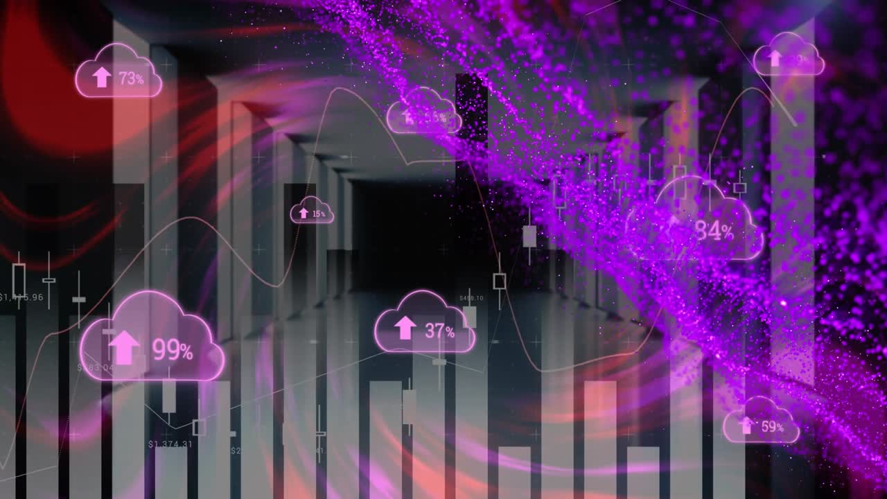 Animation of digital clouds with percent changing and data processing with purple connections