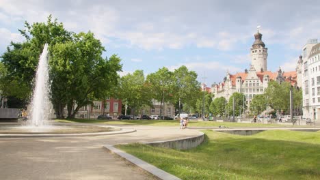 leipzig cityscape view to town hall building and fountain in saxony