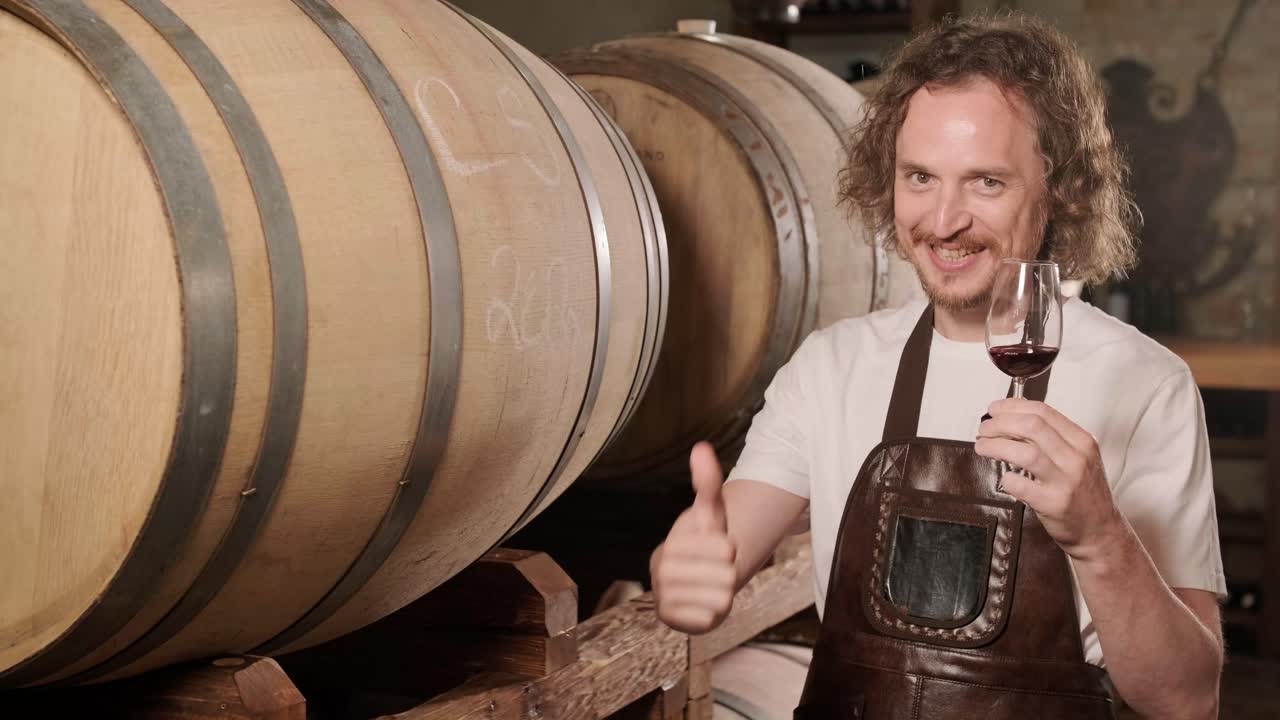 la toma auténtica de un sommelier masculino exitoso es degustar un sabor y comprobar la calidad del vino blanco vertido en vidrio transparente en una bodega de vino.