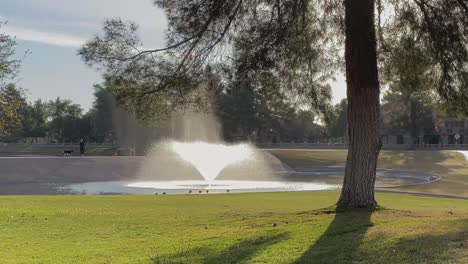 Mit-Dem-Hund-Am-Brunnen-Im-Wasserhindernis-Des-Golfplatzes-Vorbei-Spazieren-Zu-Gehen-Ist-Entspannend,-Mccormick-Ranch,-Scottsdale-Arizona